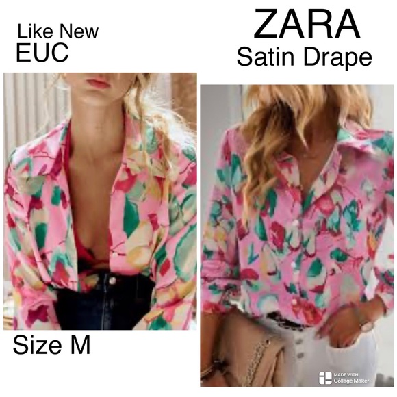 ZARA ⭐️ SATIN unique collar 👚 blouse, sz M, 🌸 🌺 pinkish combo EUC - Picture 2 of 12